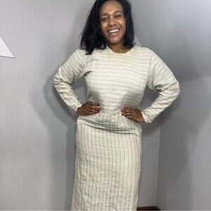 Vintage FLAX by Jeanne Englehart 70s cream striped linen long sleeve maxi dress